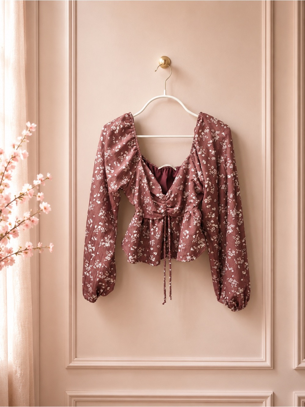 Altar'd State Mauve Floral Drawstring Peasant Blouse